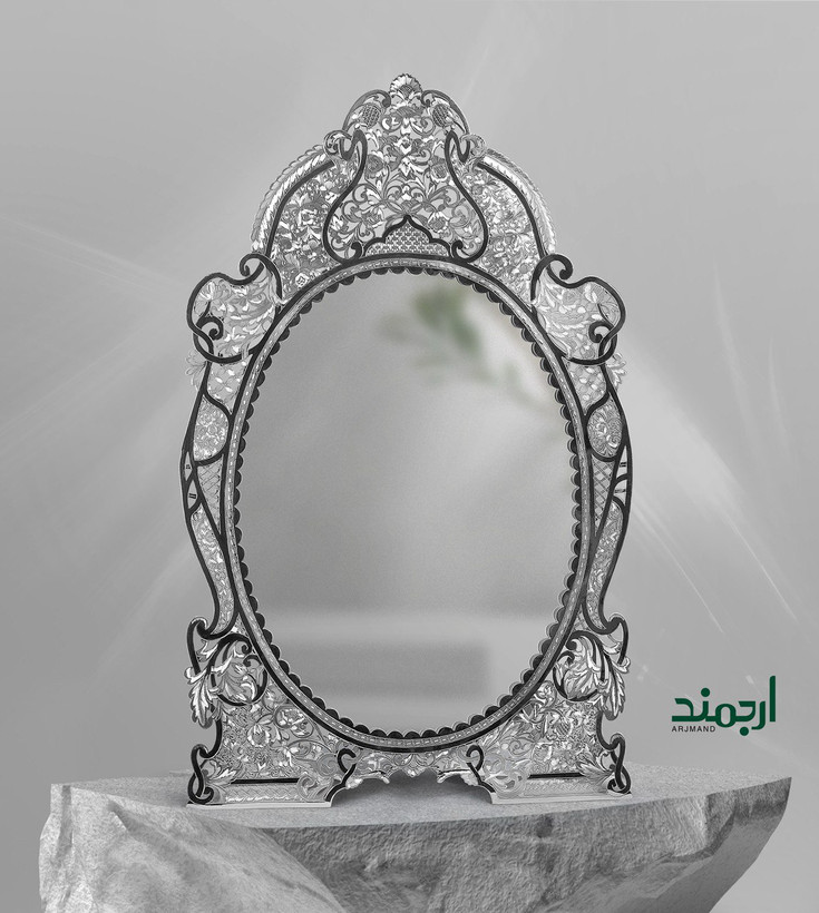 آینه نقره قلمزنی تبریز مدل ورقی بیضی