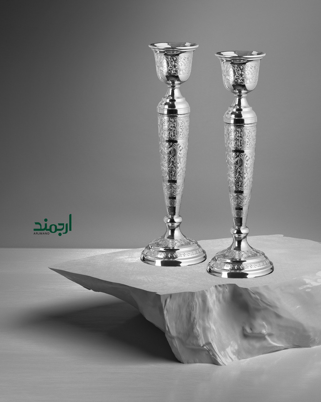 شمعدان نقره قلم‌زنی تبریز