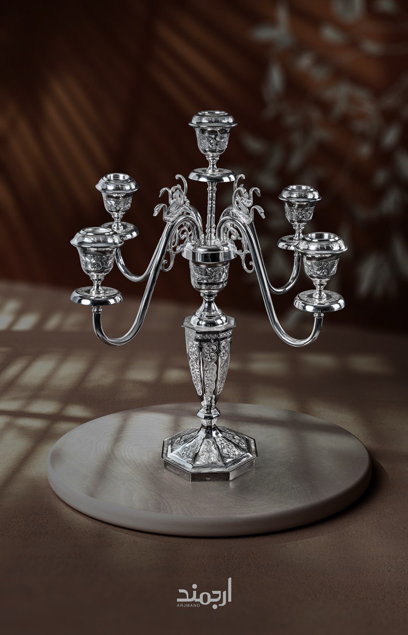شمعدان پنج‌شاخه نقره قلم‌زنی تبریز