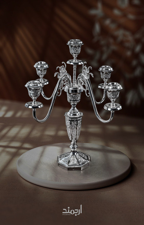 شمعدان پنجشاخه نقره قلمزنی تبریز