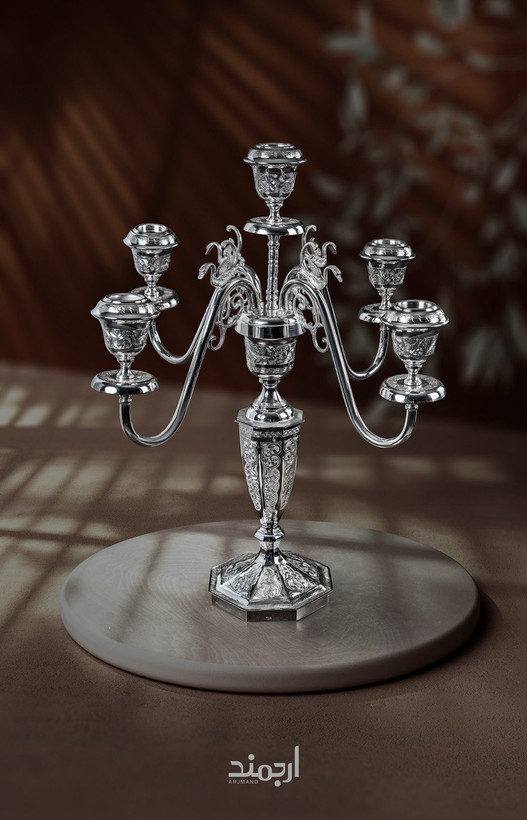 شمعدان پنجشاخه نقره قلمزنی تبریز