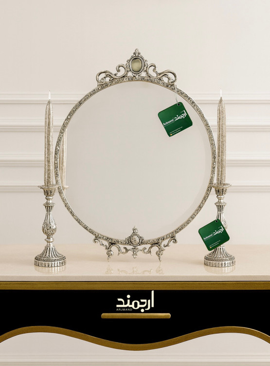 ست آینه و شمعدان نقره آنتیک گرد