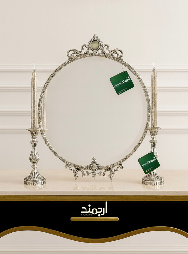 ست آینه و شمعدان نقره آنتیک گرد