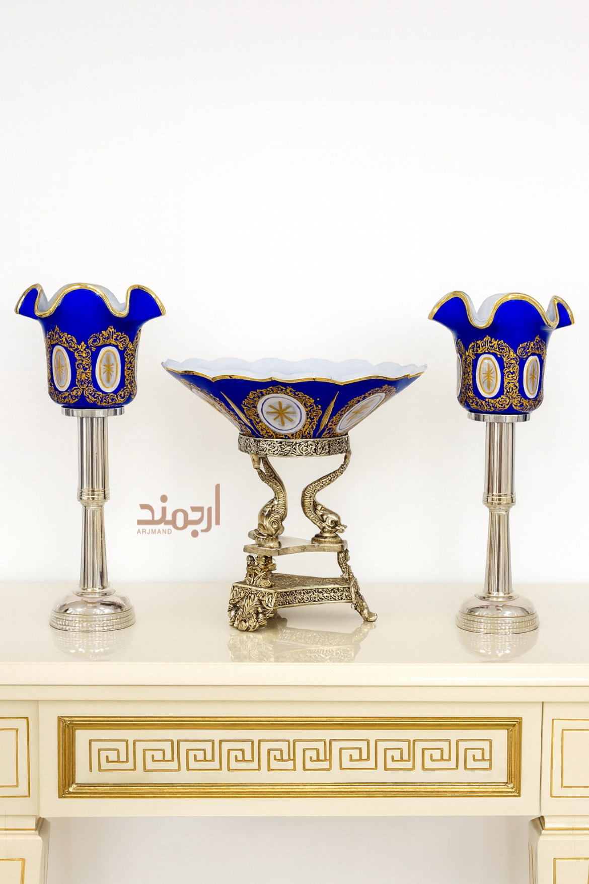 ست میوه‌خوری و شمعدان نقره آنتیک مدل طرح ماهی