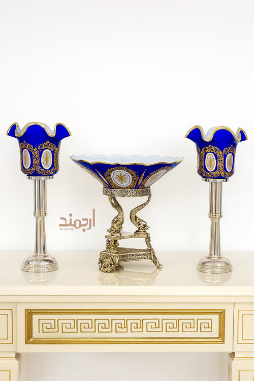 ست میوهخوری و شمعدان نقره آنتیک مدل طرح ماهی