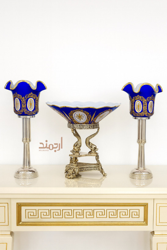 ست میوهخوری و شمعدان نقره آنتیک مدل طرح ماهی